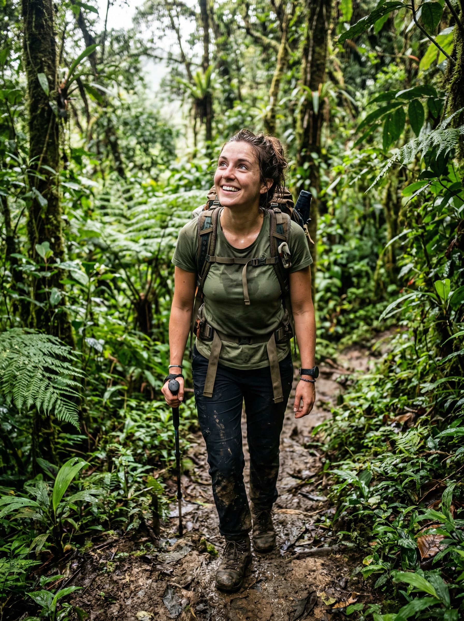 A woman hiking through the Atlantic Forest near Paraty, Brazil