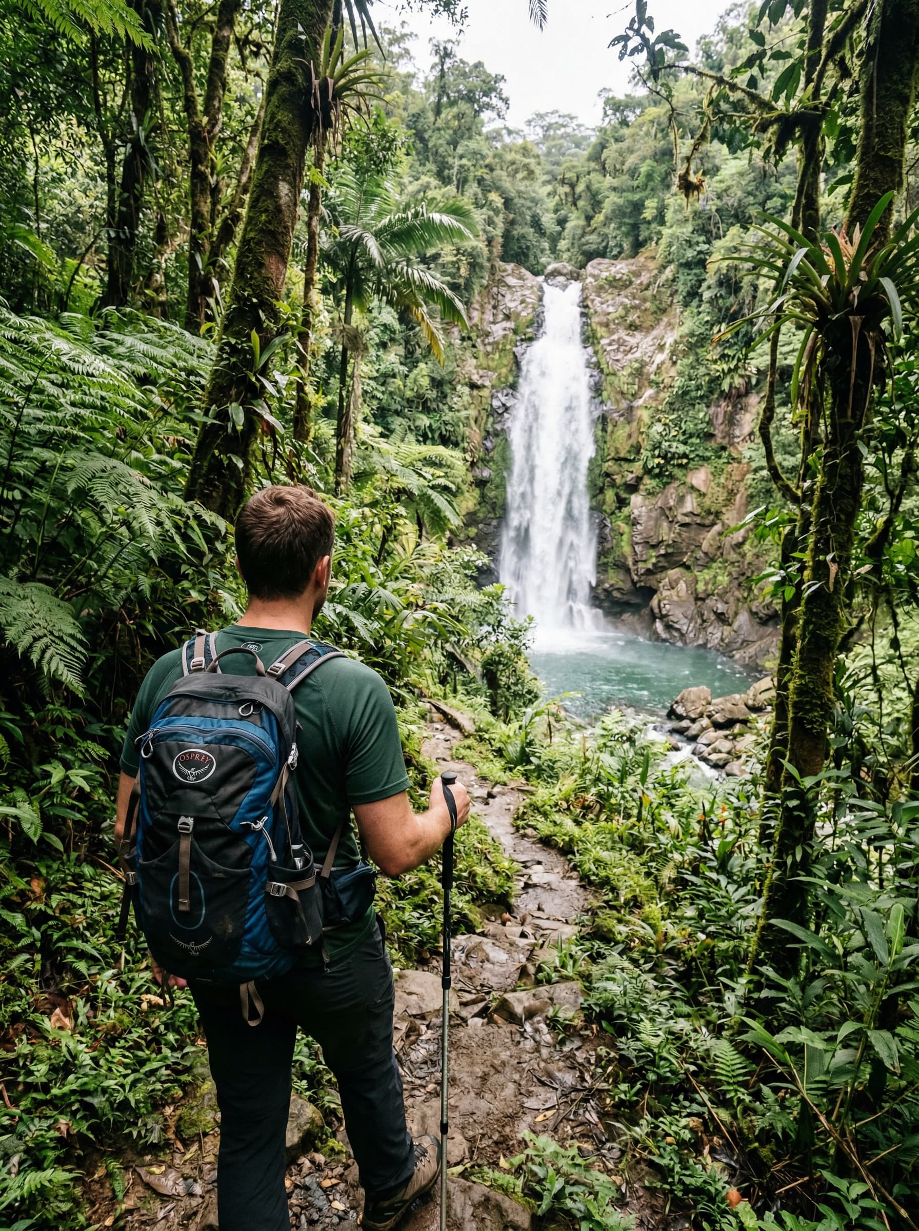 A man alone at a waterfall in the Brazilian rainforest